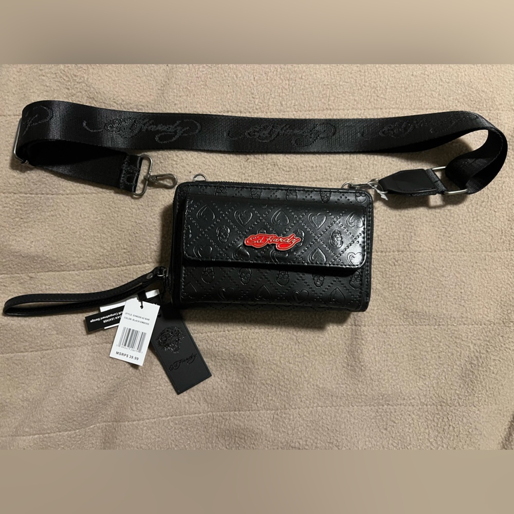 Ed Hardy Embossed Wallet, wristlet, crossbody with guitar strap NWT